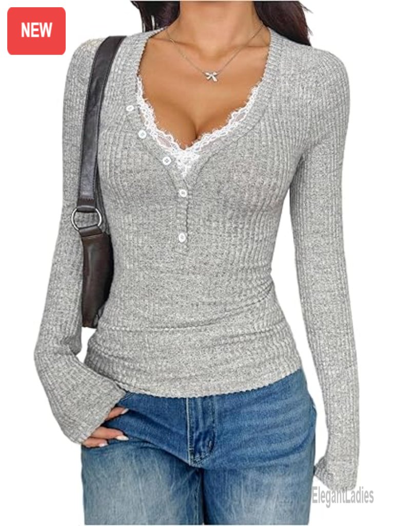 Long Sleeve V Neck Lace Trim Ribbed Fitted Soft T Shirt